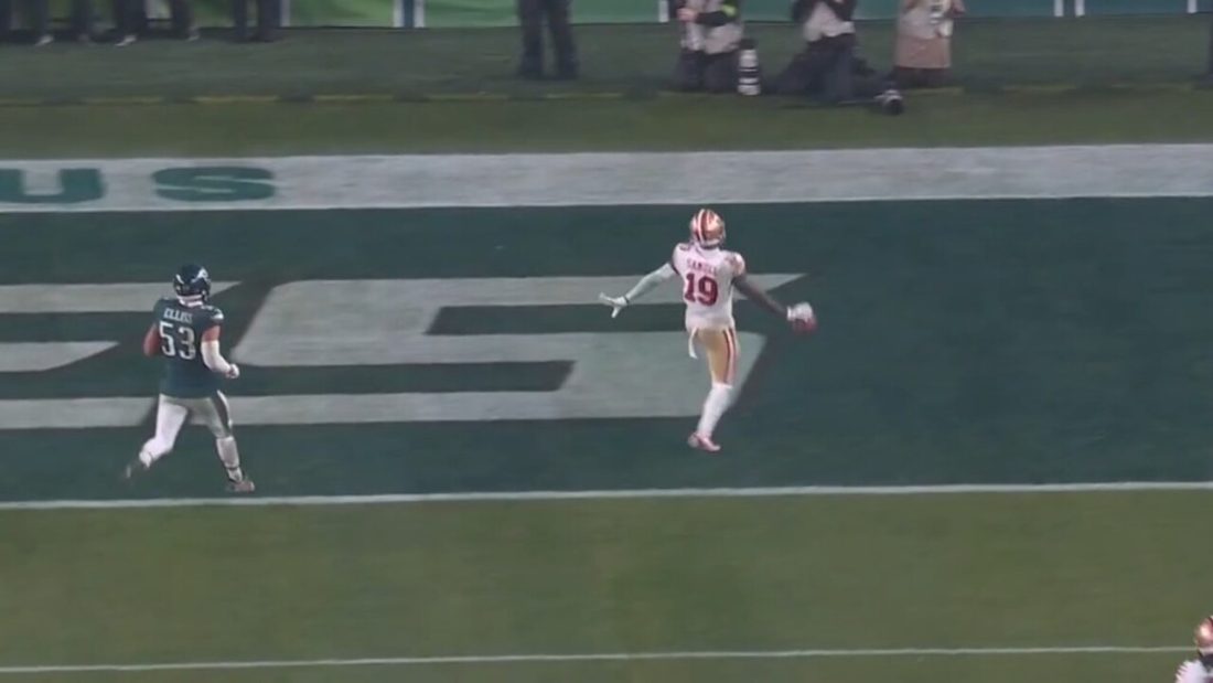 49ers’ Samuel waves goodbye to Eagles fans after 46-yard TD for hat trick